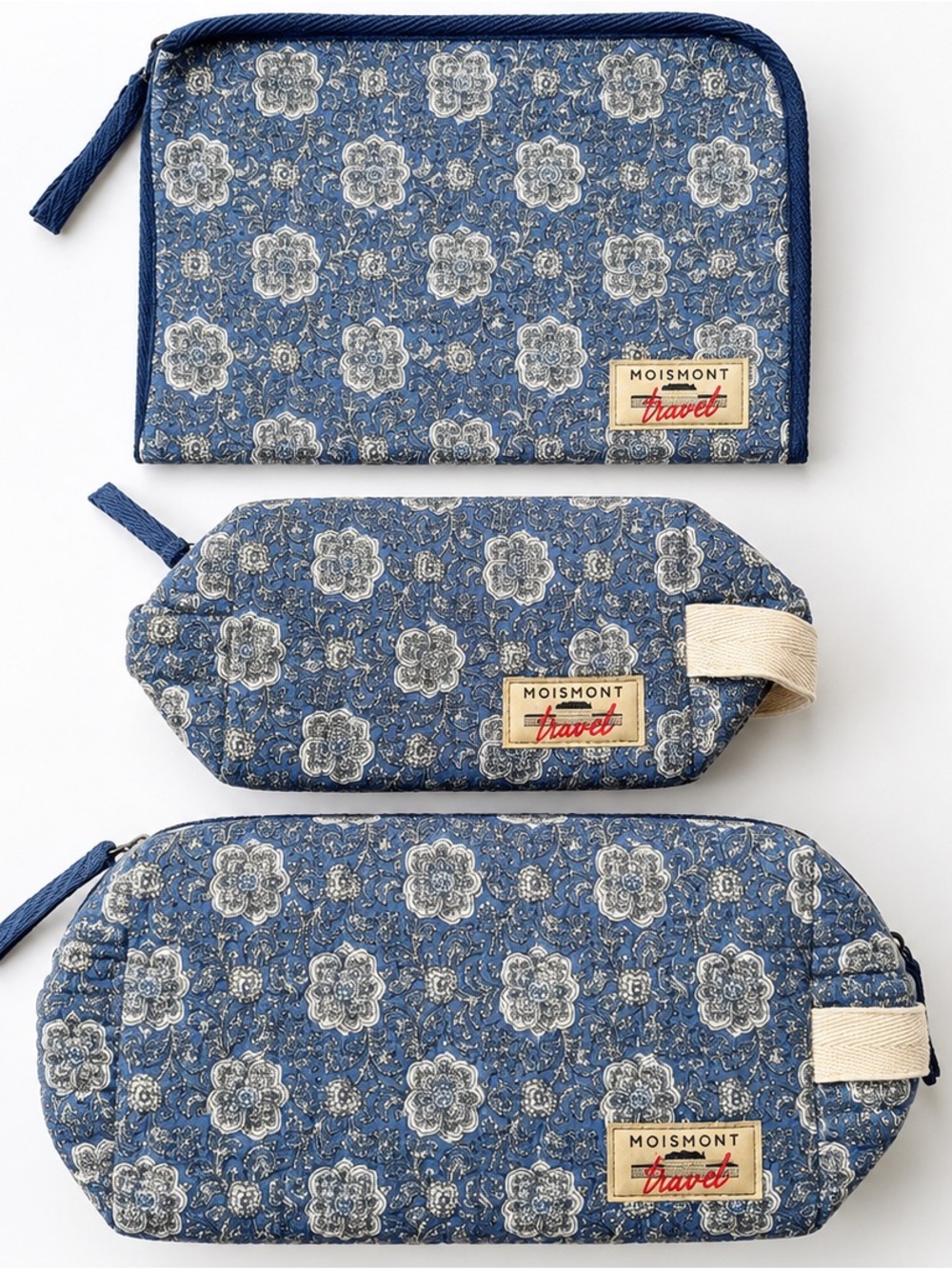 MoisMont Travel 3 Piece Floral Quilted Cotton Toiletry Cosmetic Bag Set Blue